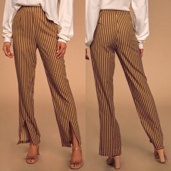 Lulus Never Too Late Striped Split Hem Pants Brown Cream  Size S Small - Picture 4 of 14